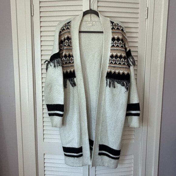 By Anthropologie open cardigan medium long oversized cream western black fringe - Picture 3 of 14